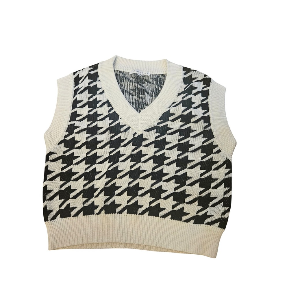 Endless Rose Houndstooth V-Neck Sweater Vest‎ Women's Size S Cream Black Knit